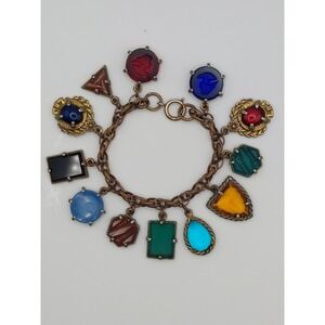 Charm Bracelet 1950s Czech Glass Intaglio Cameo Multicolor Art Boho Vintage MCM